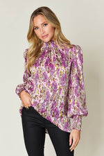 DOUBLE TAKE Full Size Printed Smocked Long Sleeve Blouse at Bella Road