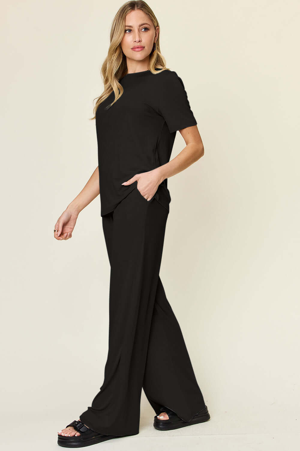 DOUBLE TAKE Full Size Round Neck Short Sleeve T-Shirt and Wide Leg Pants Set at Bella Road