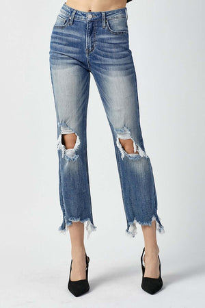 High Waist Distressed Frayed Hem Cropped Straight Risen Jeans for Women