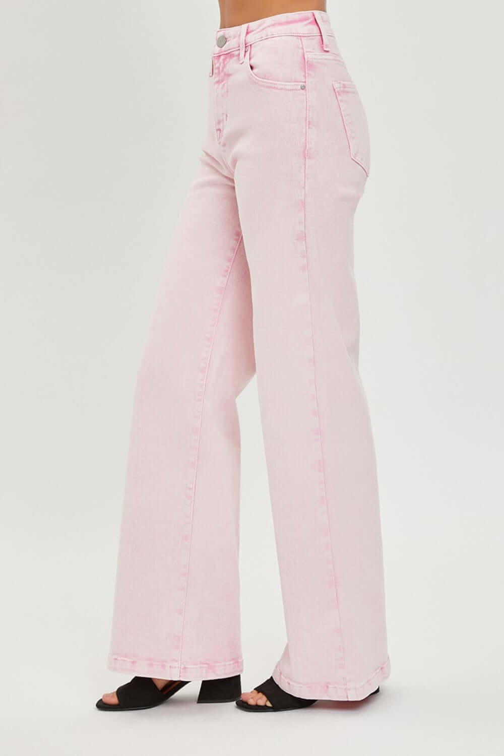 High Rise Tummy Control Wide Leg Pink Jeans by Risen Jeans - Full Size, Retro Flair and Stylish Comfort