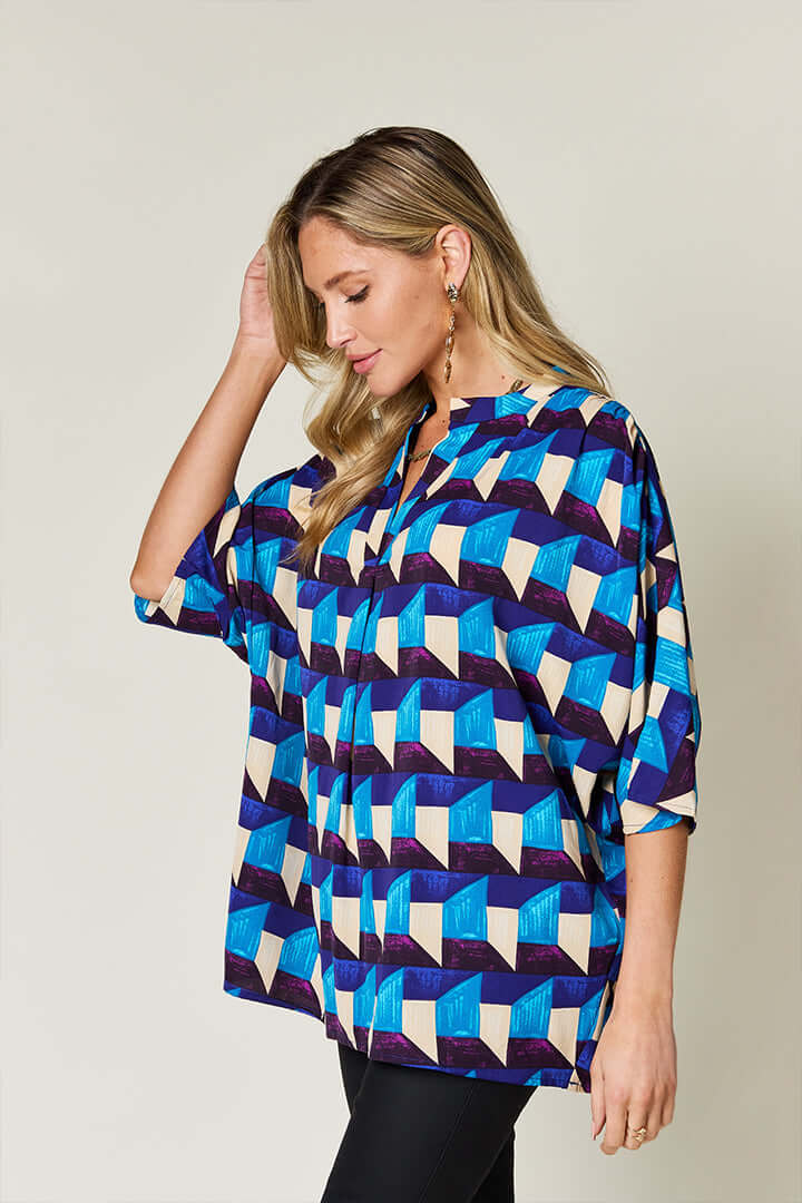 DOUBLE TAKE Full Size Geometric Notched Half Sleeve Blouse at Bella Road