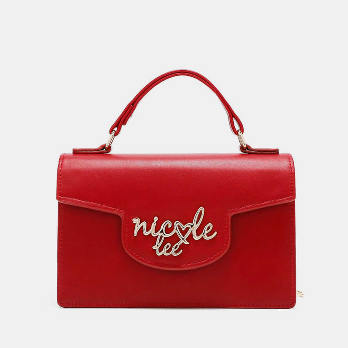 Red Nicole Lee USA small crossbody wallet with handle and gold logo on front, made of vegan leather.