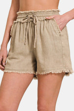 ZENANA Washed Linen Frayed Hem Drawstring Shorts at Bella Road