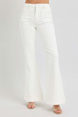 Stylish white high rise front patch pocket flare jeans for a trendy casual look. Perfect fit with a modern flare design.