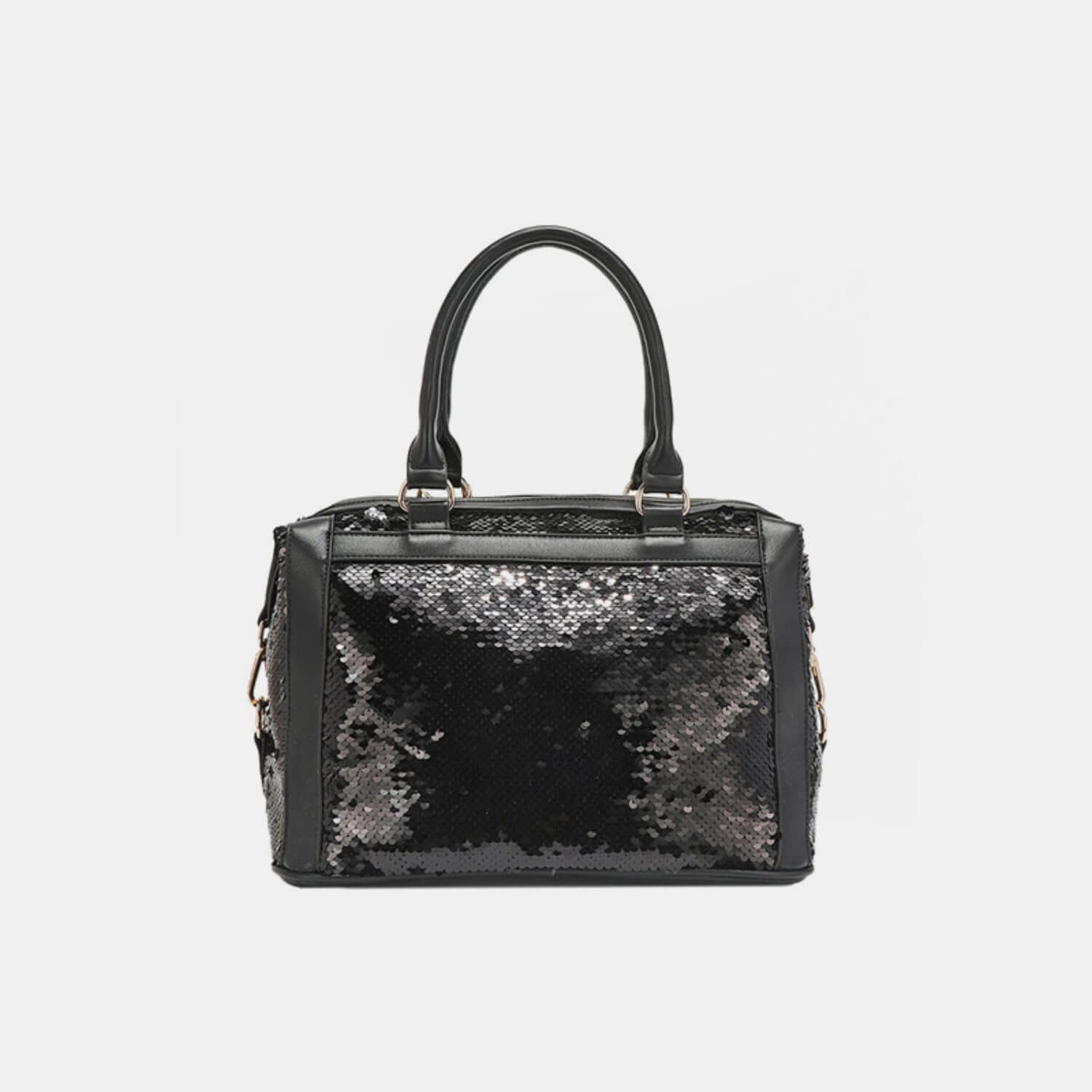 Nicole Lee USA Sequin Patch Boston Bag with vegan leather accents and rolled top handles.