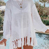 Double Take Openwork Tassel Hem Long Sleeve Knit Cover Up - White