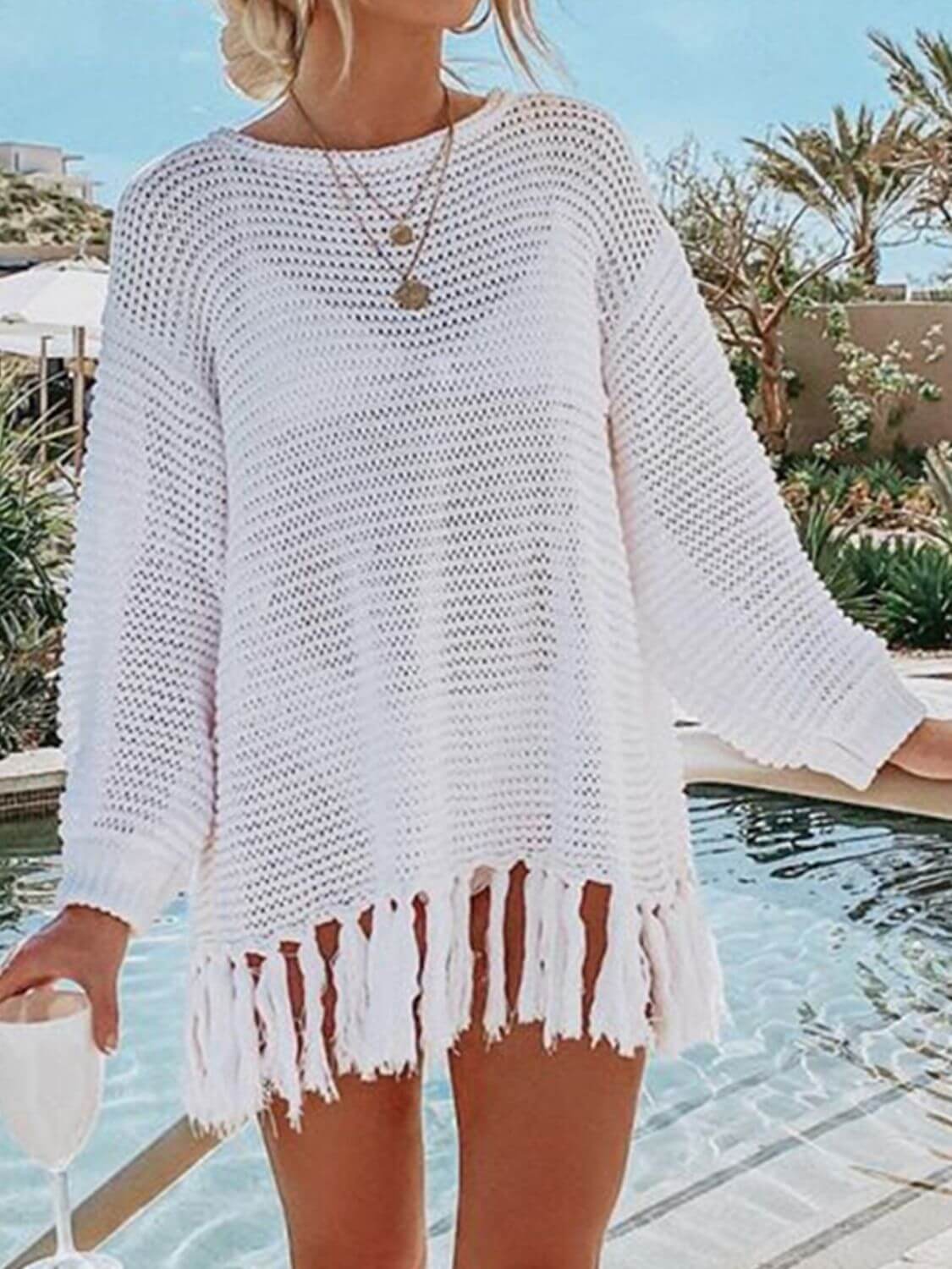 DOUBLE TAKE Openwork Tassel Hem Long Sleeve Knit Cover Up at Bella Road