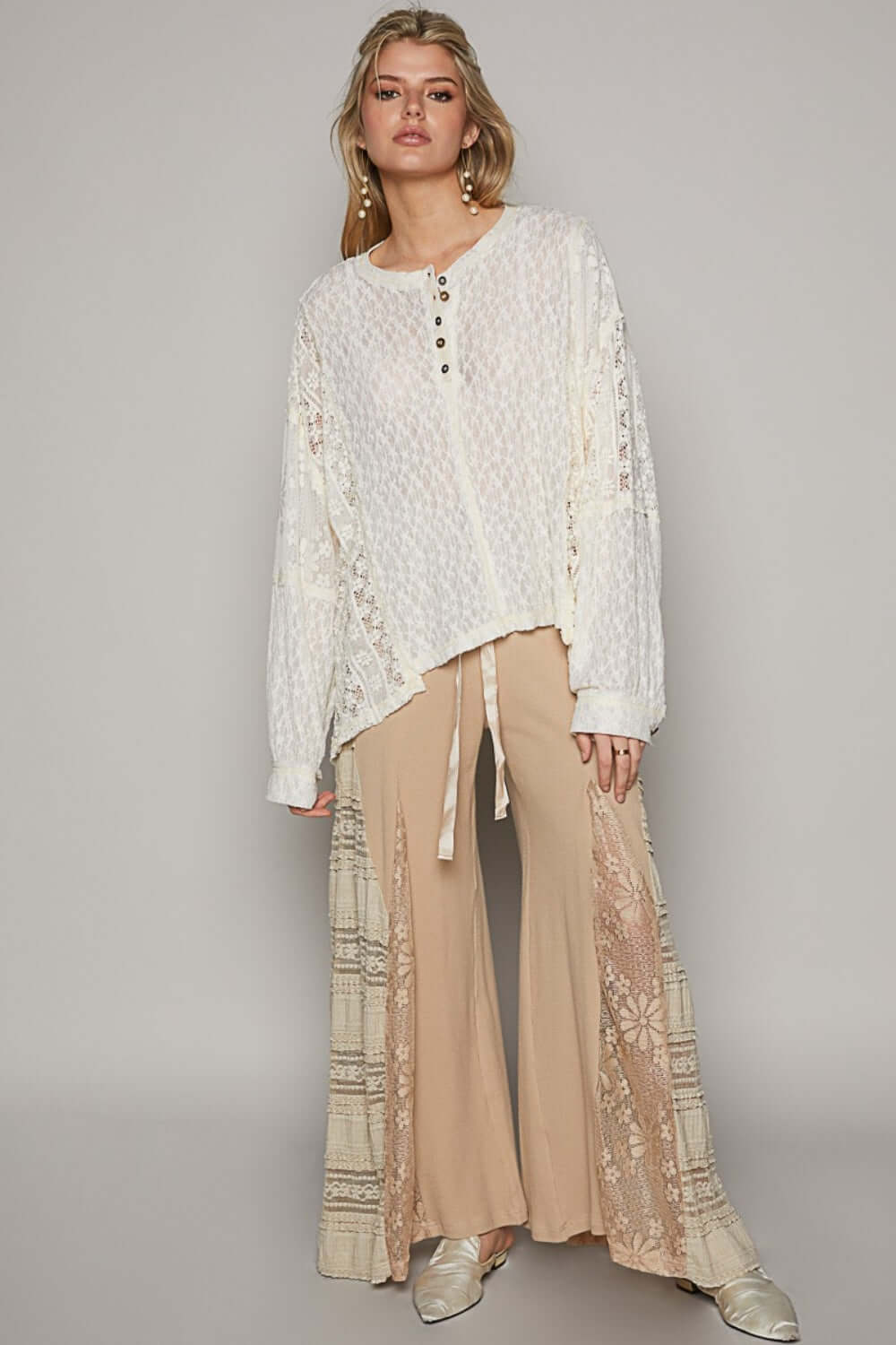 POL Round Neck Long Sleeve Raw Edge Lace Top at Bella Road