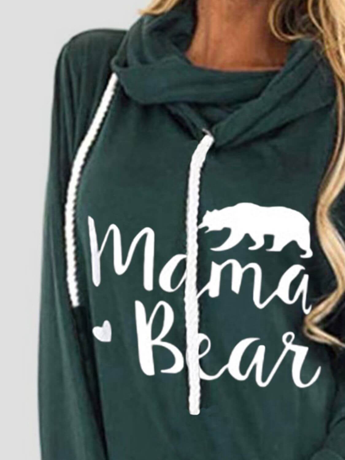 Bella Road dark green drawstring hoodie with "Mama Bear" white graphic and bear illustration on the front, close-up view