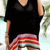 Slit Openwork V-Neck Half Sleeve Cover-Up - Black