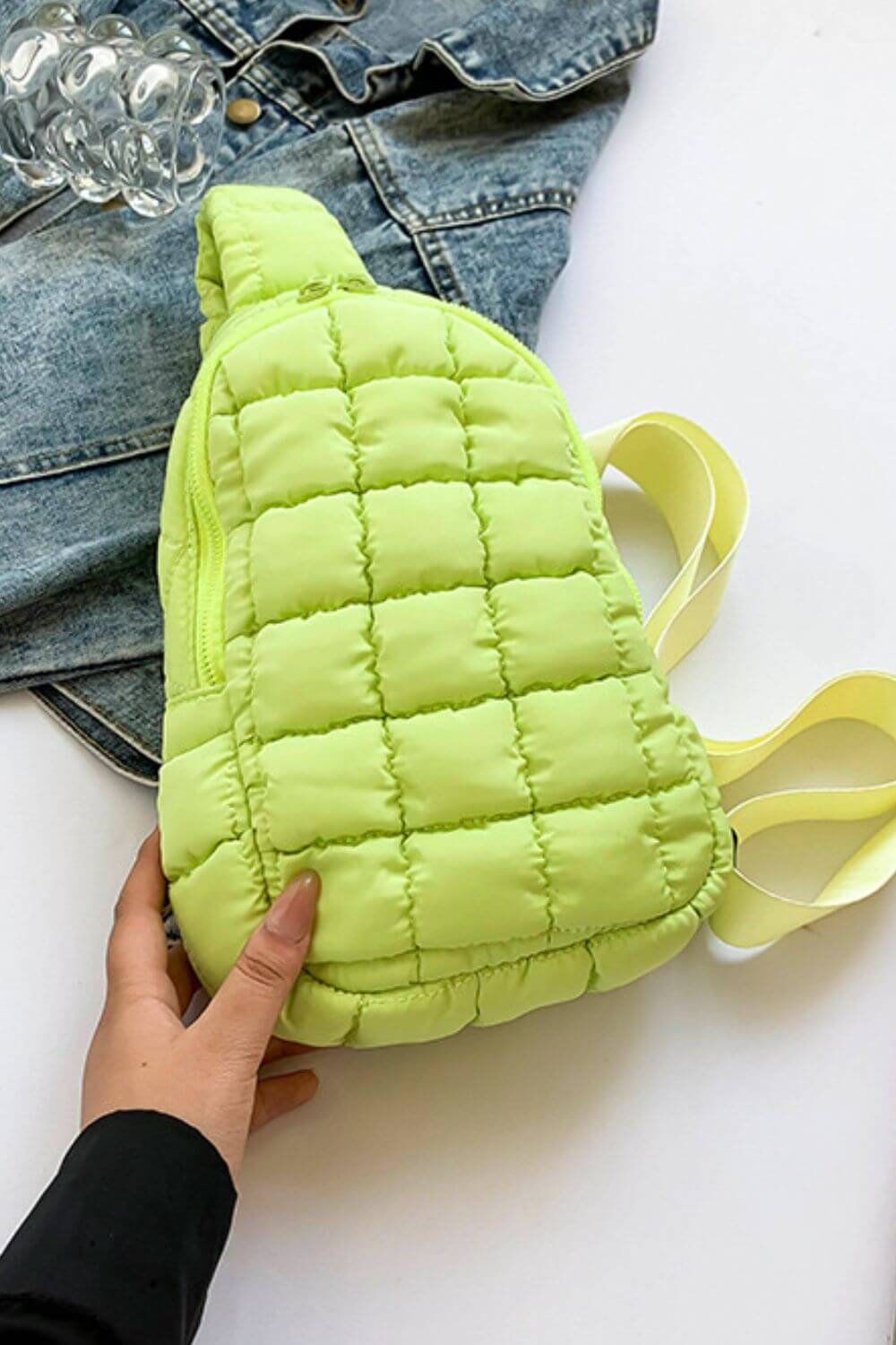 Lime green Bella Road Quilted Nylon Crossbody Bag with a trendy quilted design, perfect for stylish adventures.