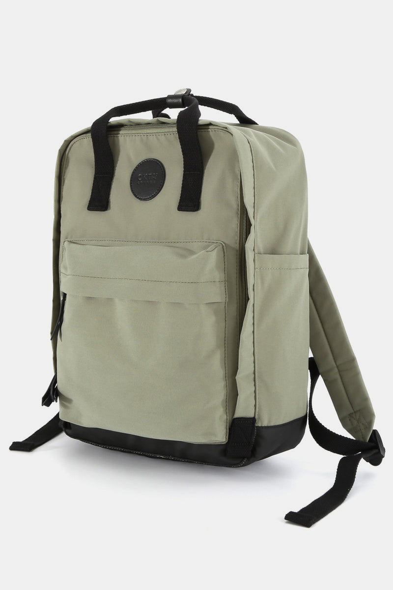 Olive Himawari waterproof canvas backpack with side pockets, large size, perfect for organizing essentials in any weather.