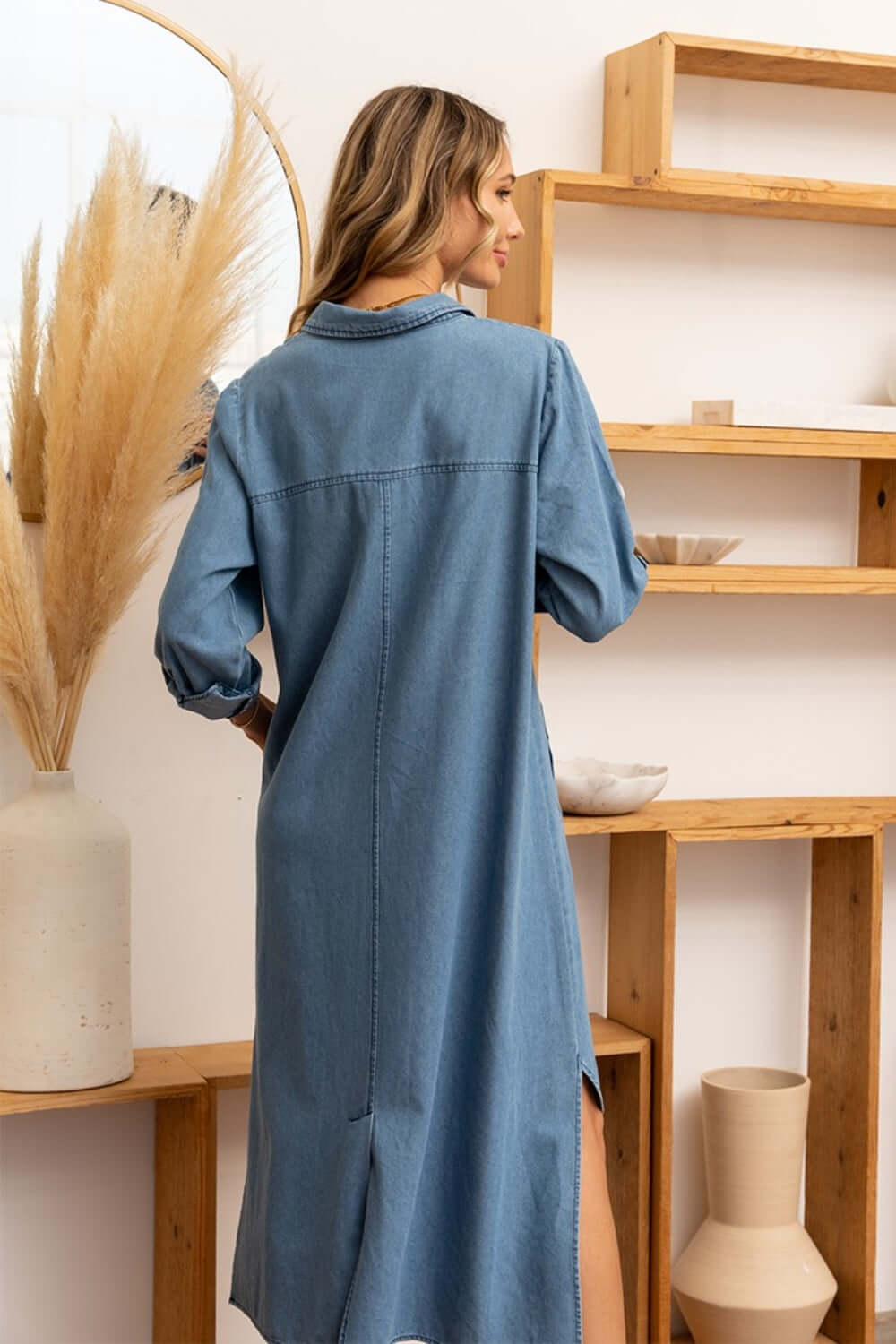 SEW IN LOVE High-Low Button Up Roll-Tab Sleeve Denim Dress at Bella Road