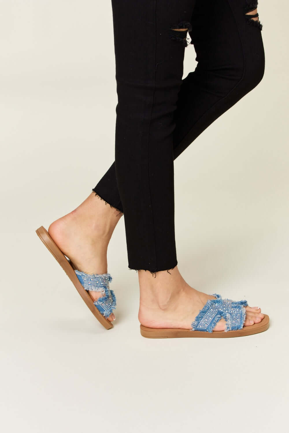 FOREVER LINK Raw Trim Denim H-Band Flat Sandals at Bella Road