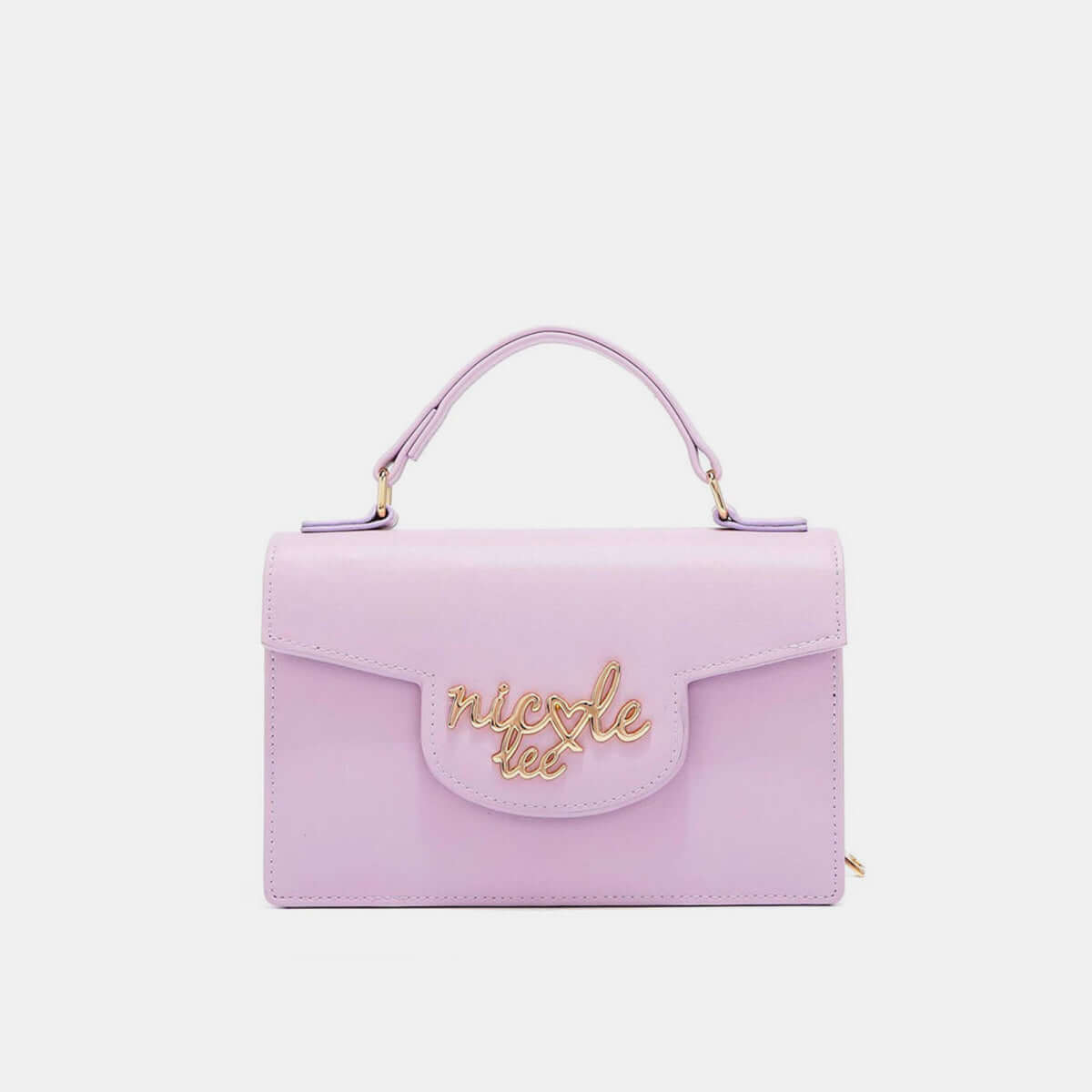 Nicole Lee USA Small Crossbody Wallet in pastel purple with gold logo, featuring a detachable handle and adjustable strap.