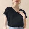 V-Neck Trim Rolled Short Sleeve Shirt - BLACK