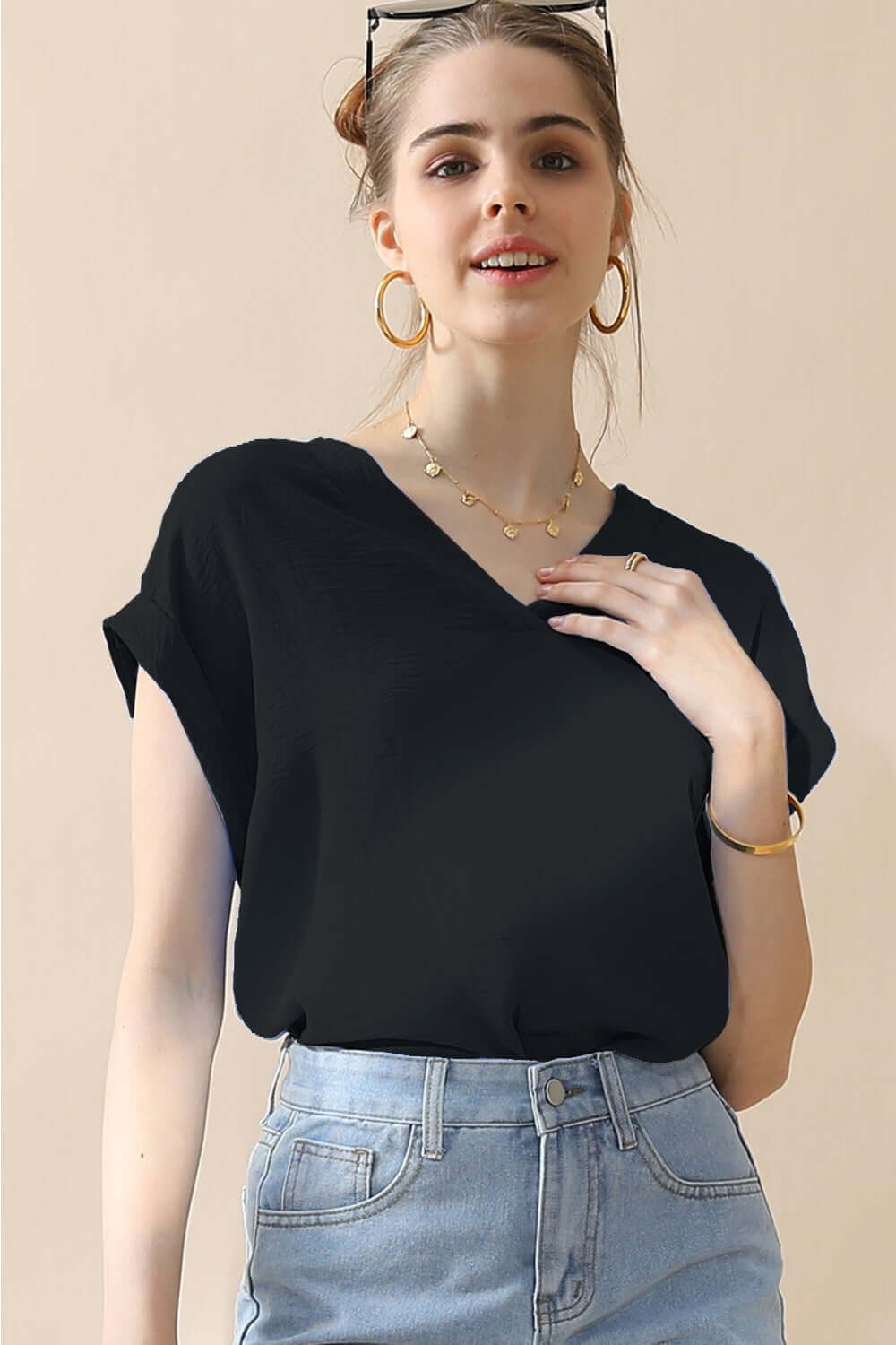 NINEXIS V-Neck Trim Rolled Short Sleeve Shirt at Bella Road