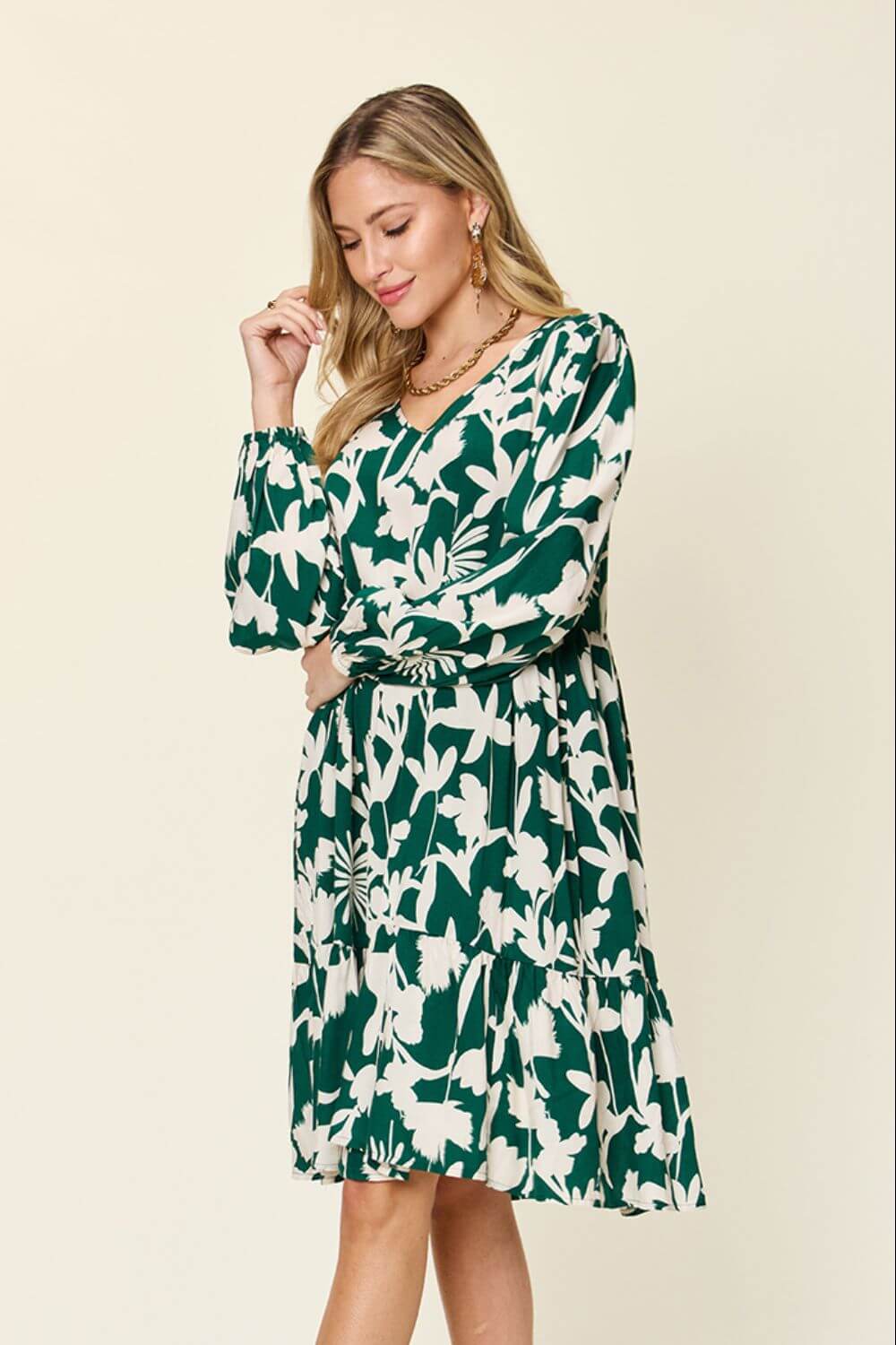 DOUBLE TAKE Full Size Printed Ruffle Hem Long Sleeve Dress at Bella Road