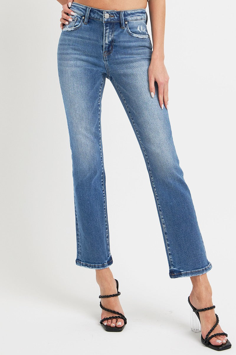 Mid Rise Ankle Straight Jeans with Pockets, chic and versatile denim, featuring buttoned closure and slight stretch for a perfect fit.