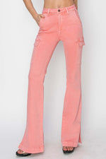 High-rise side slit cargo bootcut jeans in pink, featuring a stylish high waist, trendy bootcut legs, and utilitarian cargo pockets by Risen Jeans.