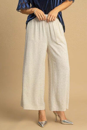 Umgee full size high waisted embellished linen pants in elegant beige, perfect for stylish summer outfits.