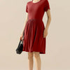 Round Neck Ruched Dress with Pockets | Full Size - BURGUNDY