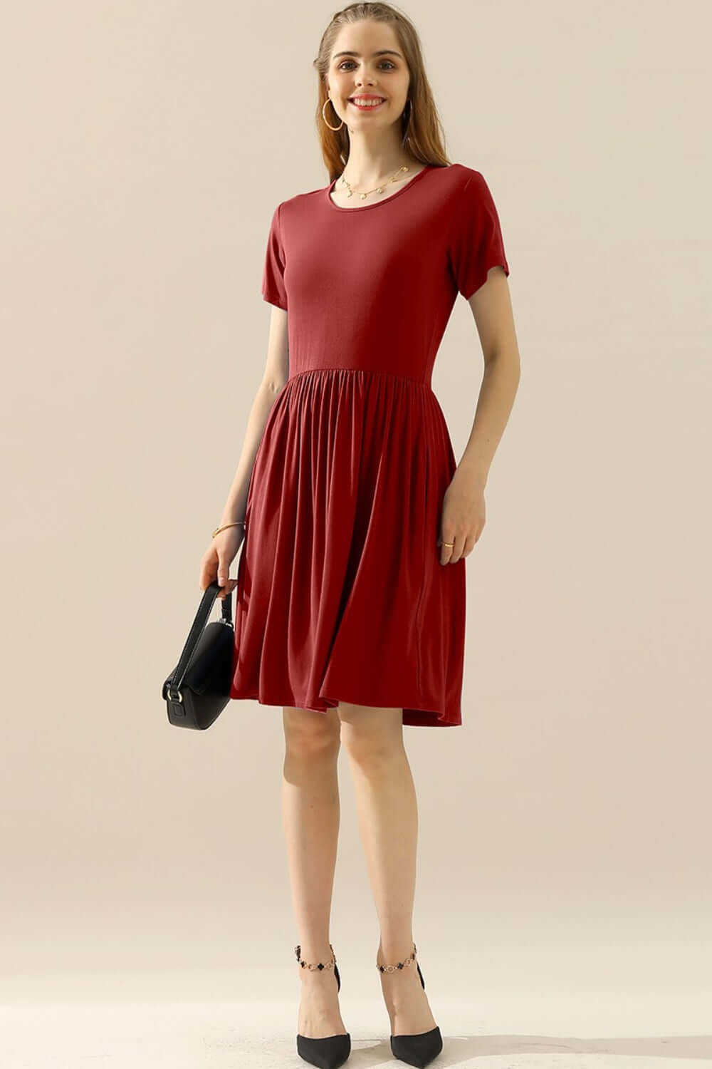 NINEXIS Full Size Round Neck Ruched Dress with Pockets at Bella Road