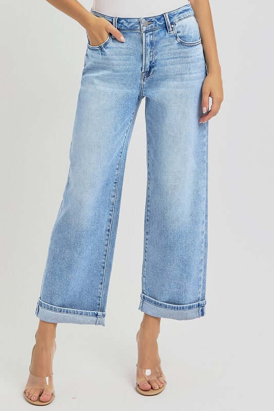 Stylish RISEN full-size ankle wide leg cuffed jeans in light wash, perfect for a trendy, relaxed look.