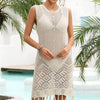 Fringe Trim Sleeveless Openwork Cover-Up Dress - Beige