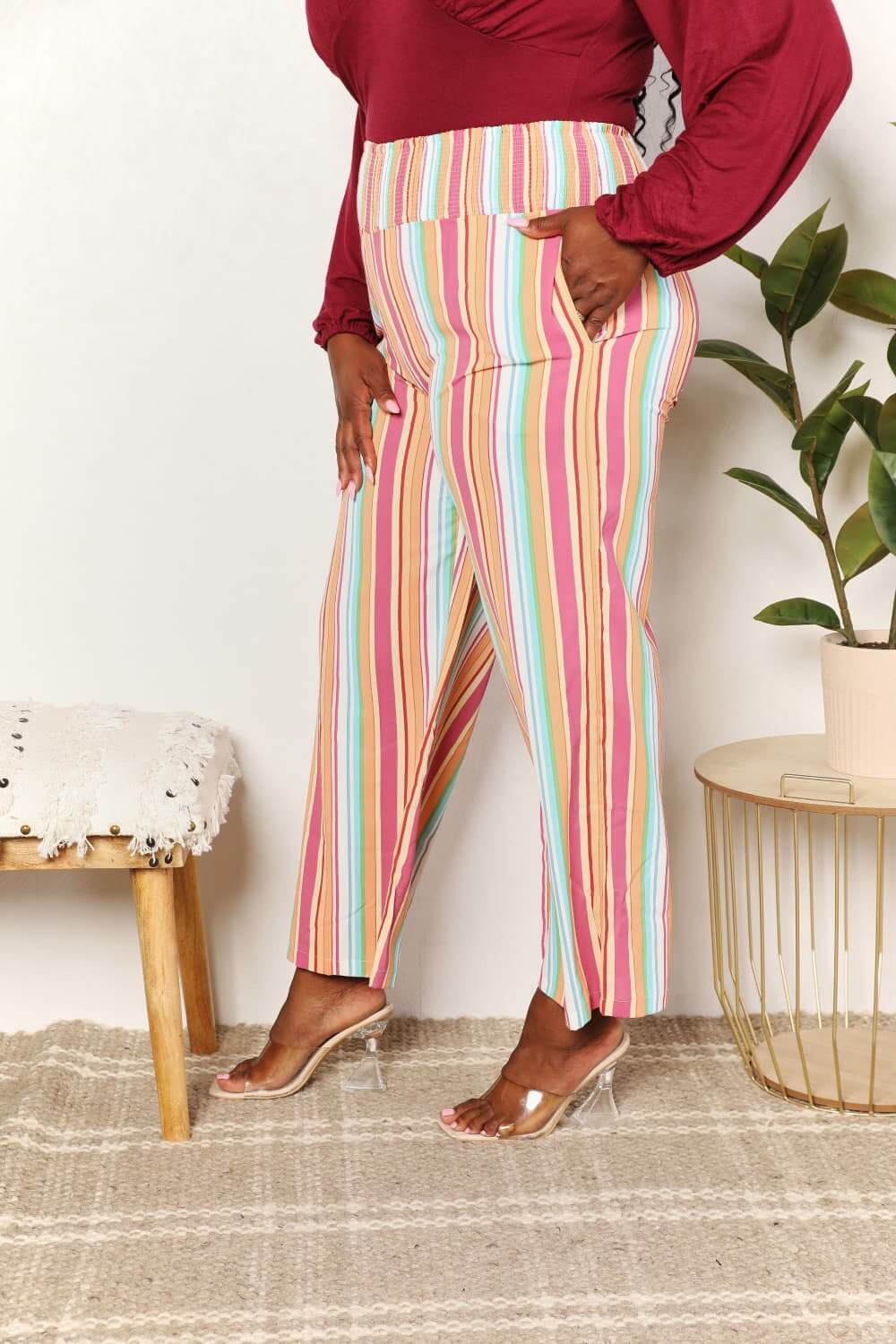 DOUBLE TAKE Striped Smocked Waist Pants with Pockets at Bella Road