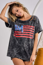 BIBI US Flag Washed Laser Cut T-Shirt at Bella Road