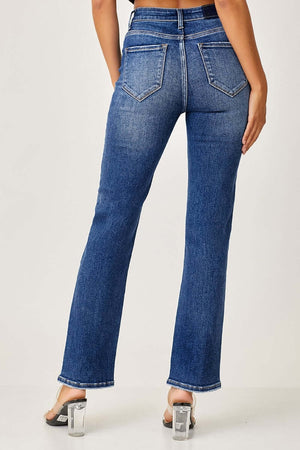 Risen Jeans mid rise slim straight jeans in blue denim, showcasing the back view with a flattering fit and sleek silhouette.