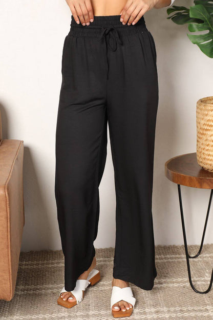 DOUBLE TAKE Drawstring Smocked Waist Wide Leg Pants at Bella Road