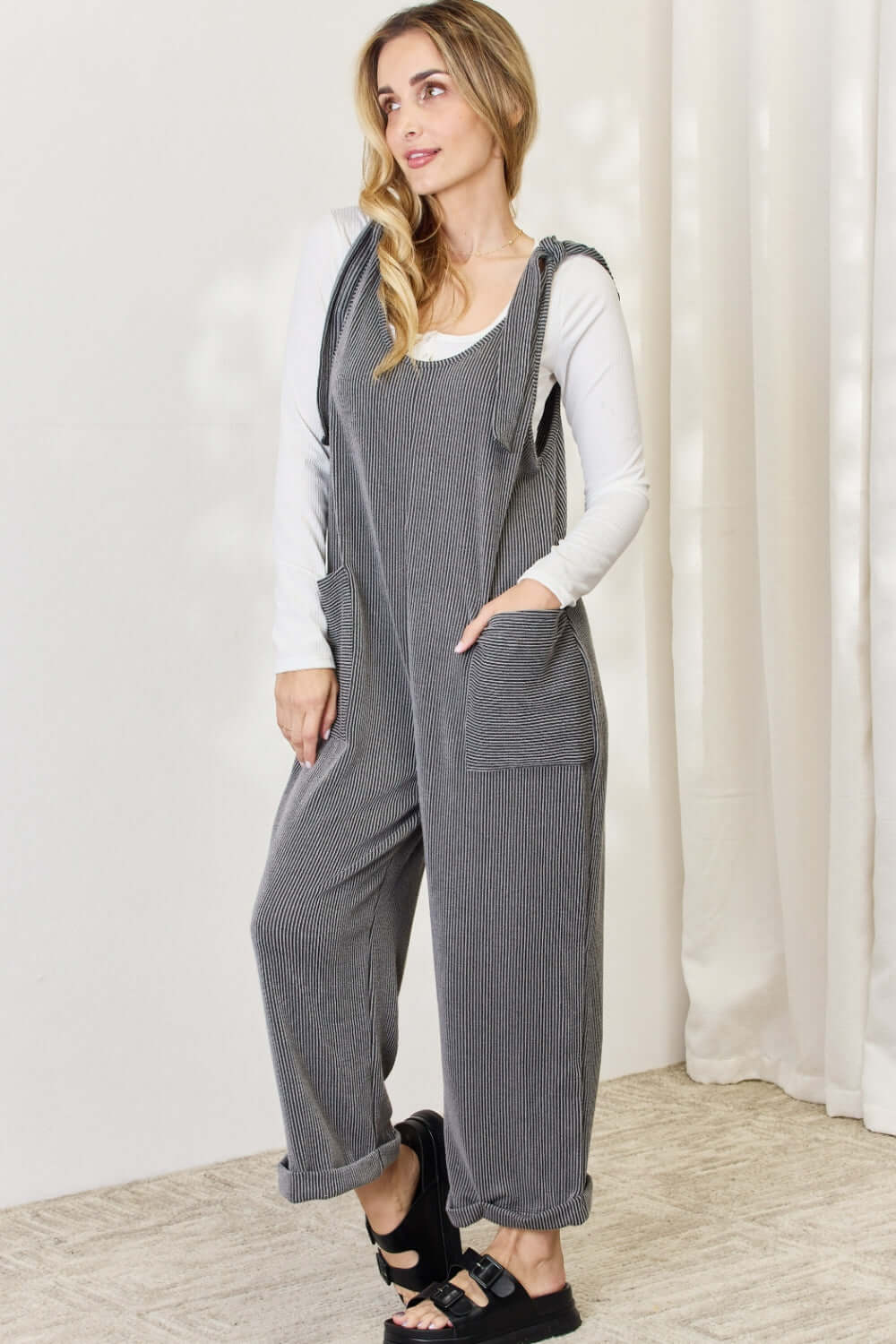 CELESTE Full Size Ribbed Tie Shoulder Sleeveless Ankle Overalls at Bella Road