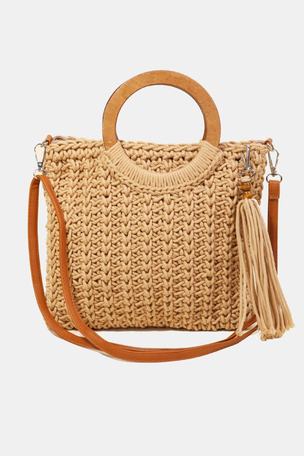 FAME Crochet Knit Convertible Tote Bag with Tassel at Bella Road