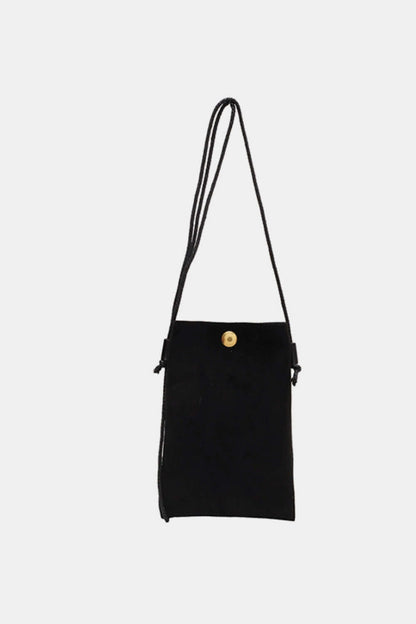 Bella Road Suede Snap Down Crossbody Bag in black with a mini size and a snap-down design for easy access, featuring a hands-free crossbody strap