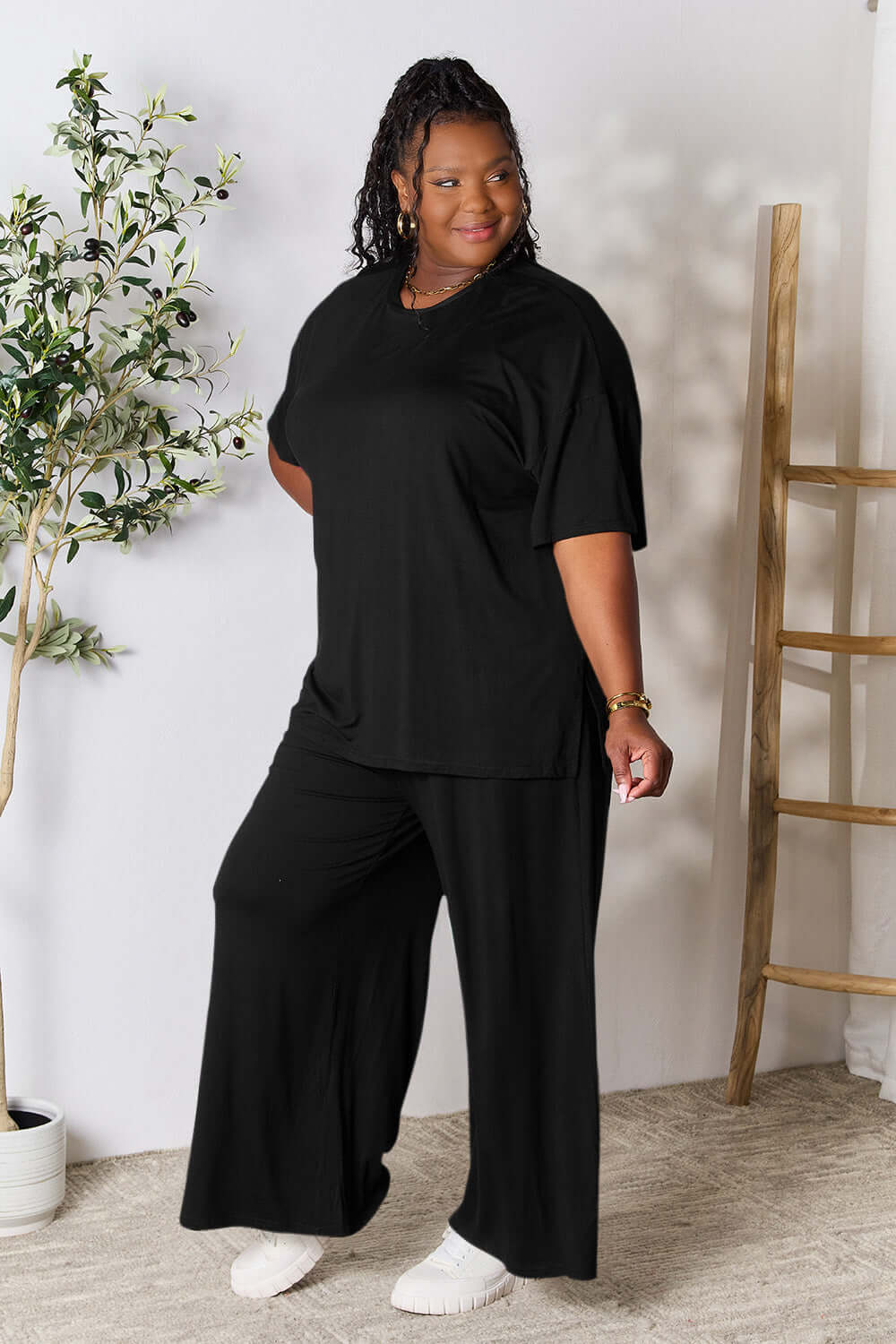 DOUBLE TAKE Full Size Round Neck Slit Top and Pants Set at Bella Road