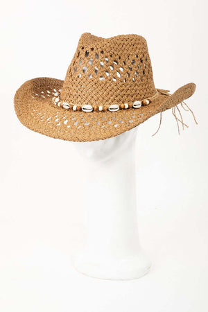 FAME Cowrie Shell Beaded String Straw Hat at Bella Road