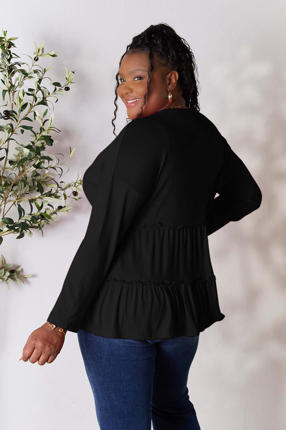 DOUBLE TAKE Half Button Long Sleeve Ruffle Hem Blouse at Bella Road