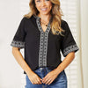 Embroidered Notched Neck Top - Black