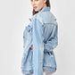 Distressed long sleeve denim jacket in full size, showcasing Risen Jeans stylish design with vintage worn-in look, perfect for layering and casual outfits.