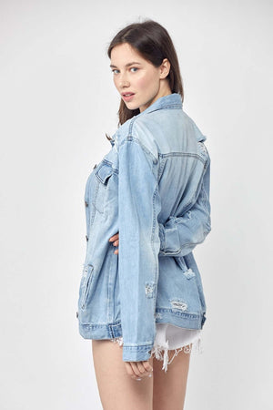 Distressed long sleeve denim jacket in full size, showcasing Risen Jeans stylish design with vintage worn-in look, perfect for layering and casual outfits.