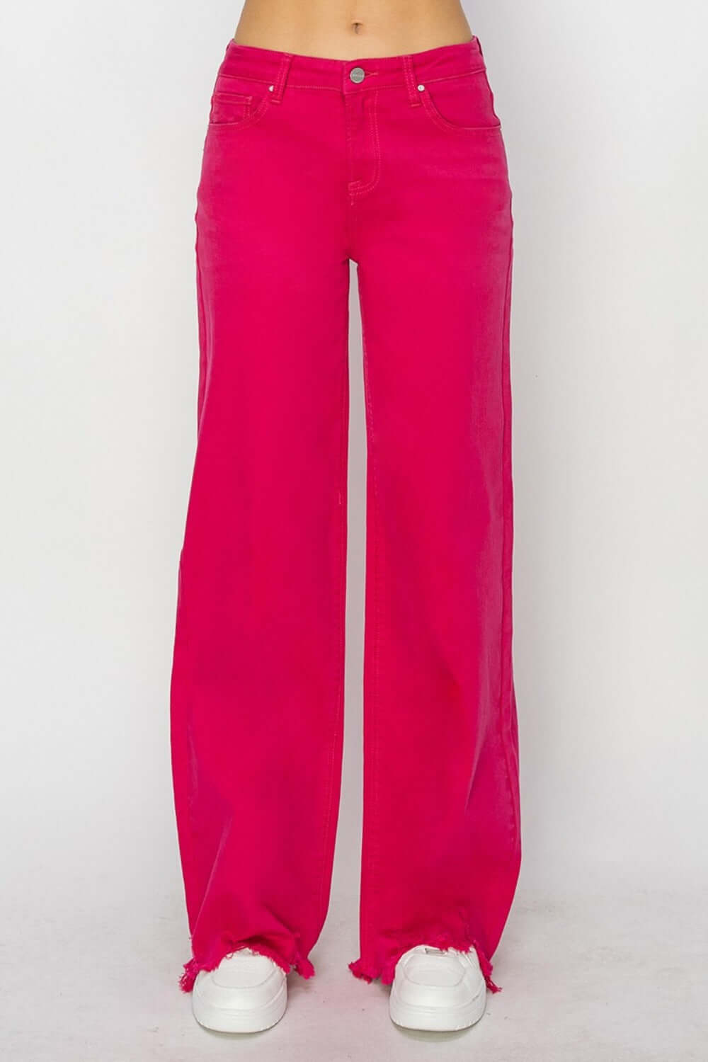 High Rise Wide Leg Jeans in vibrant pink, offering a stylish and comfortable fit, perfect for elongating legs and adding a retro-inspired touch.