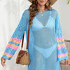 Openwork Contrast Long Sleeve Cover-Up - Pastel  Blue