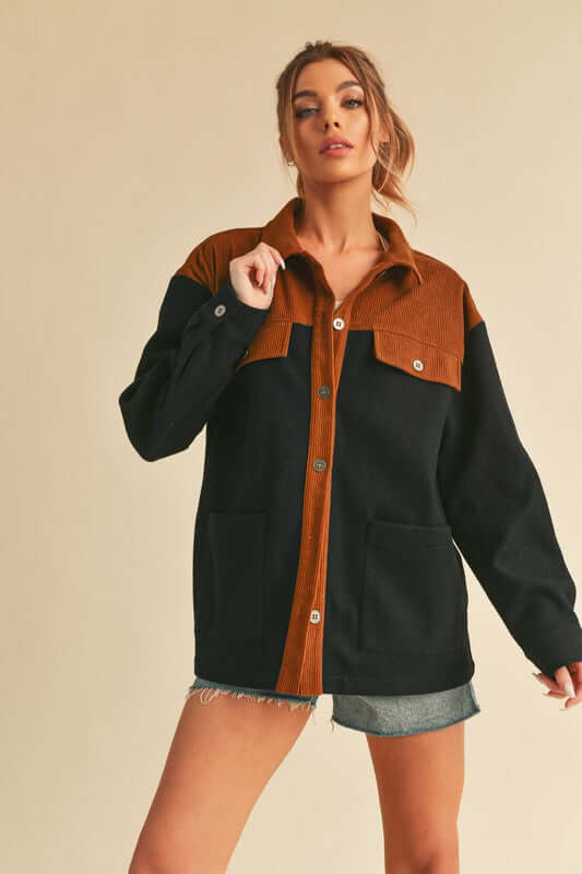 Aemi + Co Two-Tone Button-Up Jacket with pockets, featuring a chic black and brown design, perfect for stylish layering.