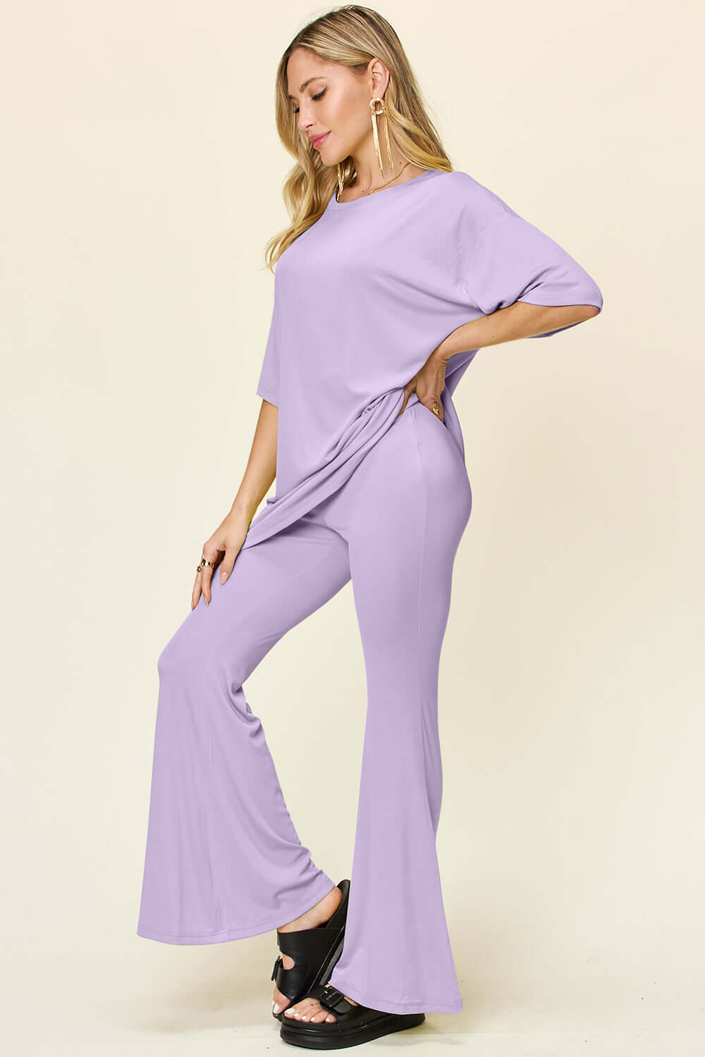 DOUBLE TAKE Full Size Round Neck Drop Shoulder T-Shirt and Flare Pants Set at Bella Road