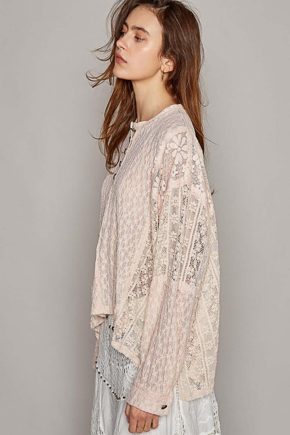 POL Round Neck Long Sleeve Raw Edge Lace Top at Bella Road