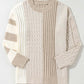 Bella Road cable-knit color block sweater with round neck in tan shades, crafted from acrylic, polyester, and polyamide.