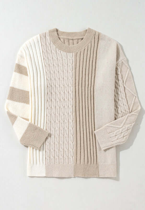 Bella Road cable-knit color block sweater with round neck in tan shades, crafted from acrylic, polyester, and polyamide.