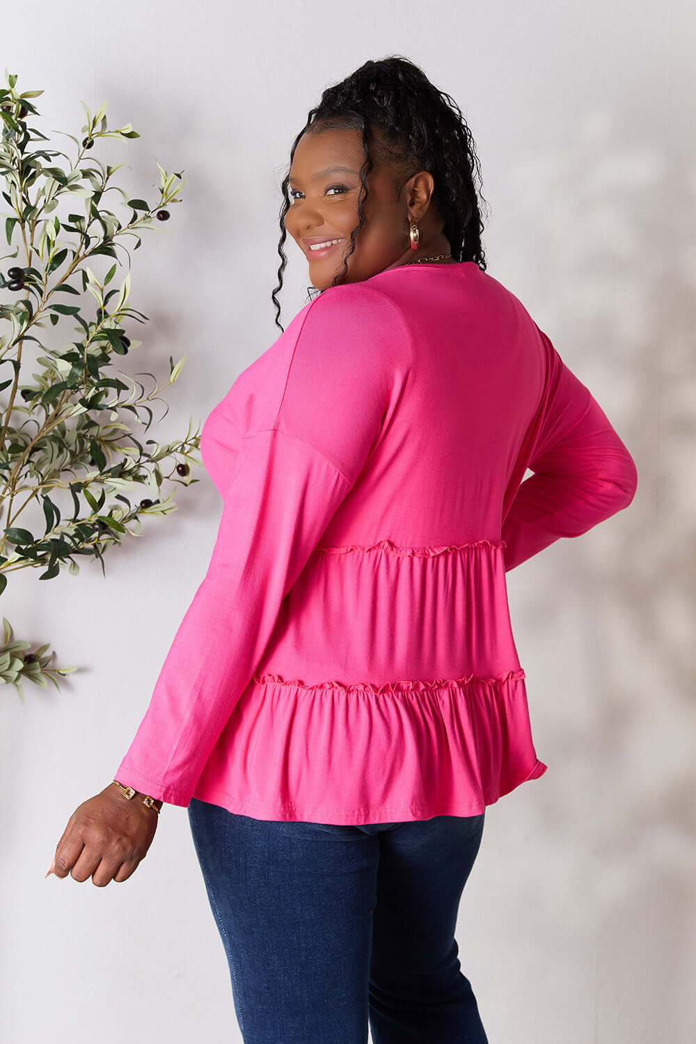 DOUBLE TAKE Half Button Long Sleeve Ruffle Hem Blouse at Bella Road